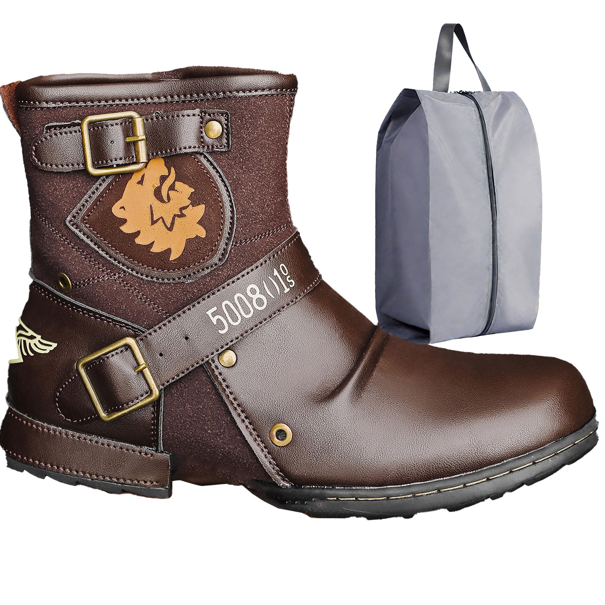 RenDiuJups Moto Laarzen voor Mannen Enkellaarsjes Modieuze Ritssluiting Lederen Laarzen Casual Schoenen Waterdichte Motorlaarzen Western Laarzen Plus Size, Zwart, 42 EU