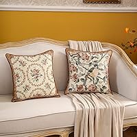 Vista 5 de patdrea Fundas de almohada de diseño floral vintage para sofá, fundas de almohada de lino marrón amarillo con patrón de pájaro y rosa, cojín
