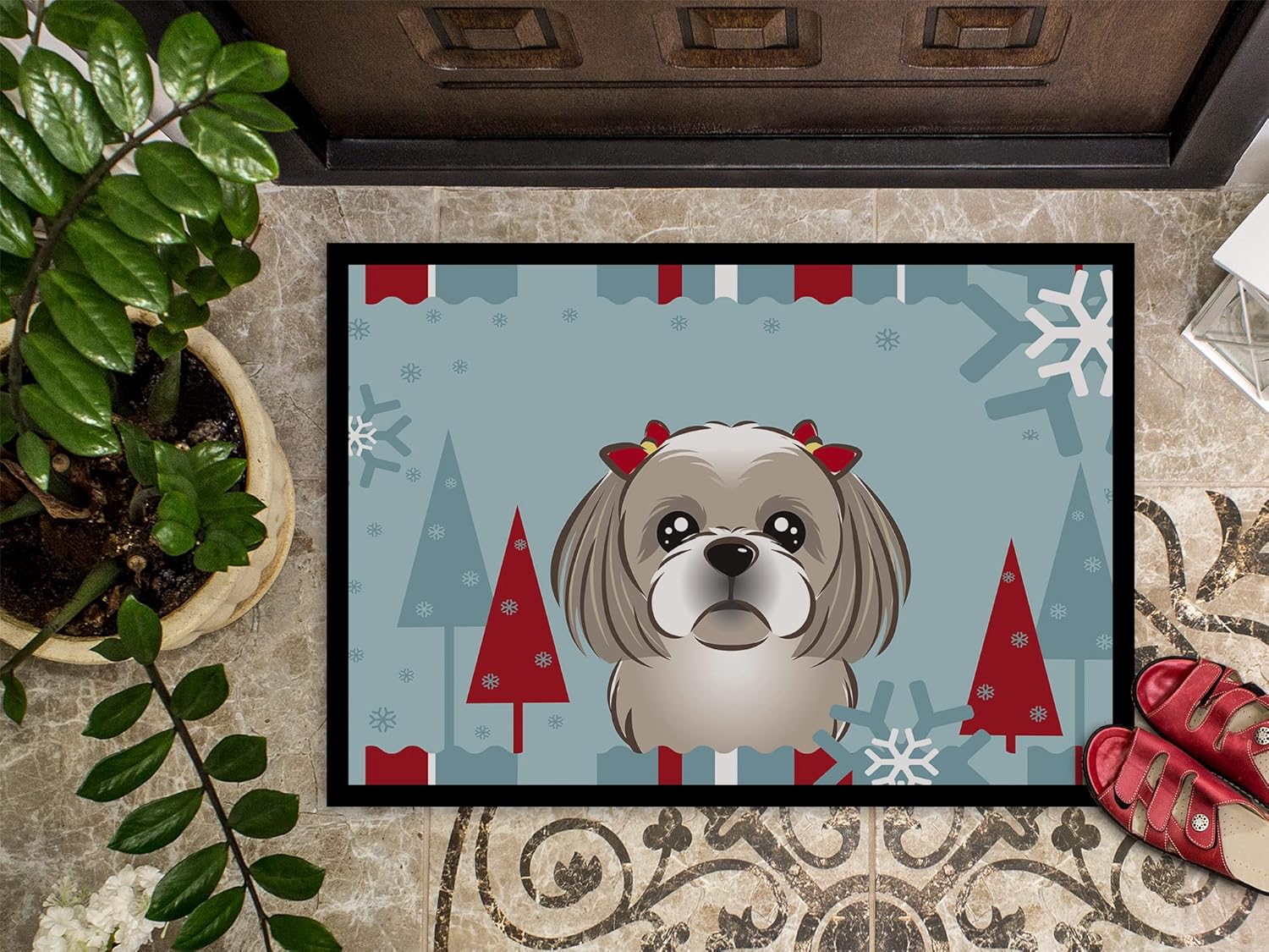 Caroline's Treasures BB1746MAT Winter Holiday Gray Silver Shih Tzu Doormat 18x27 Front Door Mat Indoor Outdoor Rugs for Entryway, Non Slip Washable Low Pile, 18H X 27W