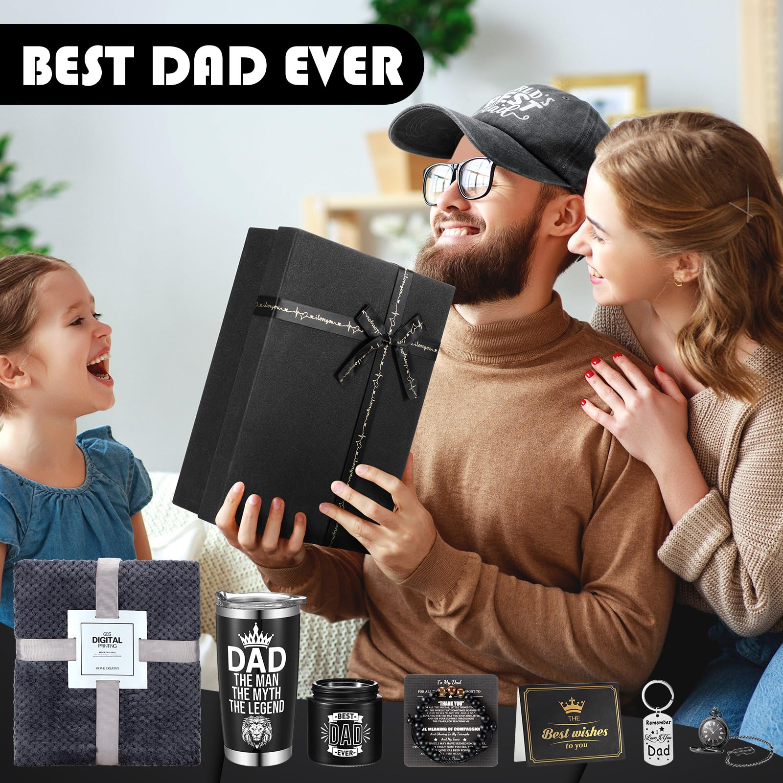 Breling Los mejores regalos para papá, regalos para el día del padre, regalos de cumpleaños para papá, incluye manta de vaso, total de 14 piezas de regalos para papá de hijo, hija y niños