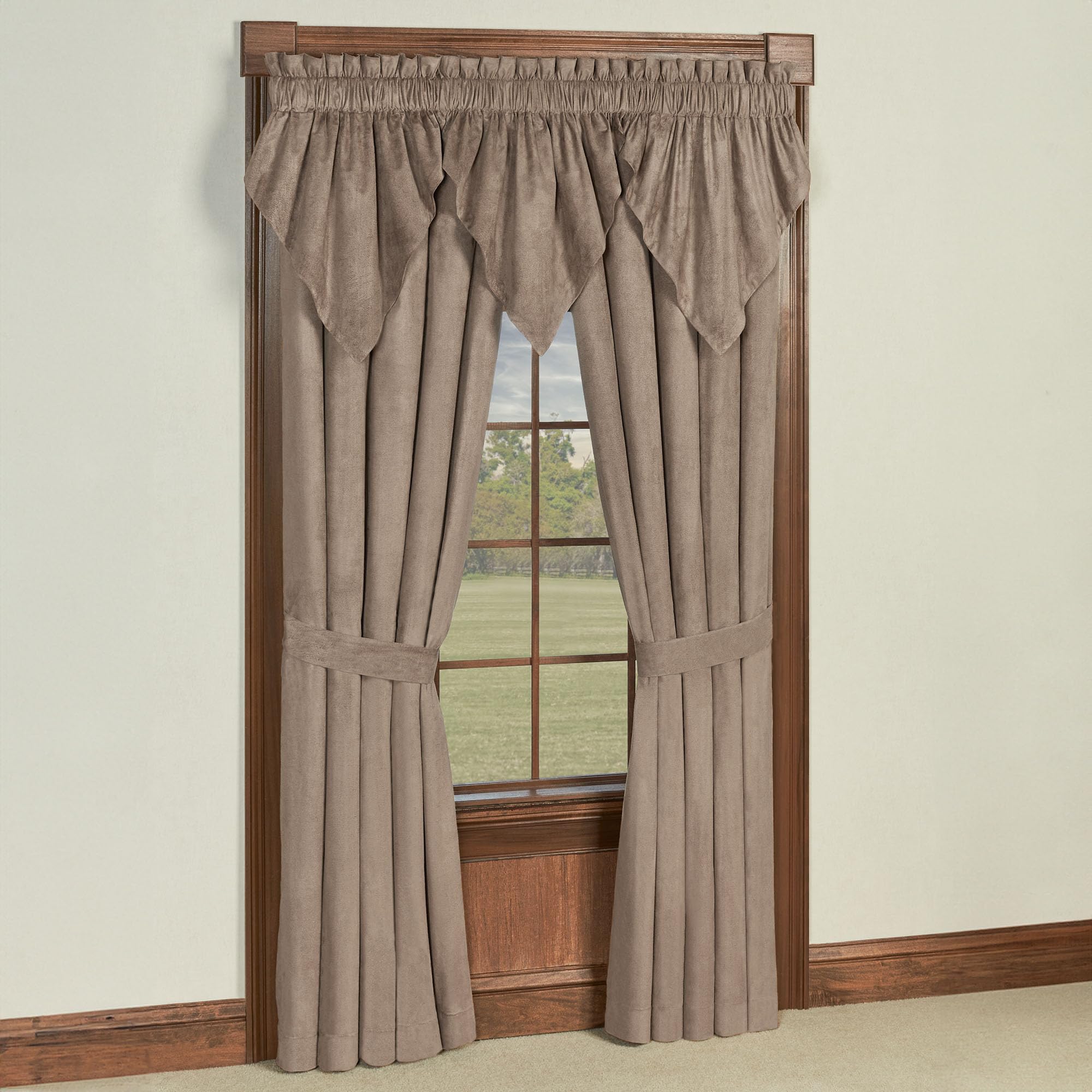 Touch of Class Camden Luxury Window Treatment | Neutral Sand Color | Smooth Faux Suede Design | Designed 4 Piece Drapery Window Set Includes Three Ascot Valances and Curtain Pair