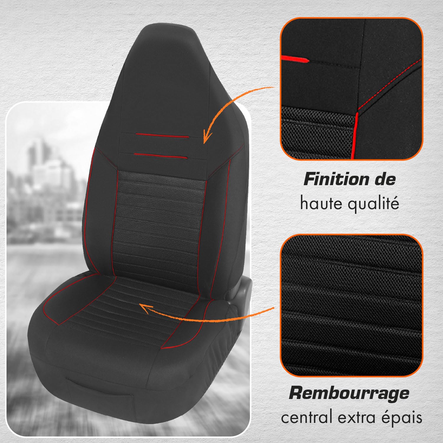 upgrade4cars Housse de Siege Voiture Appui Tête Intégré Universelle Noir Rouge | Ensemble de Housses Siège Auto Universel | Couvre Sieges pour Avant et Arrière
