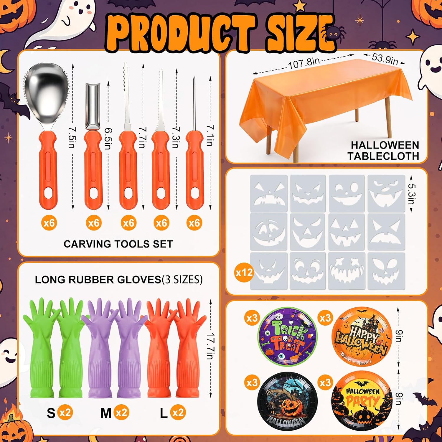Hosuly 61 Pcs Halloween Carving Kit-set of 6 Stainless Steel Carving Tools Include 30 Knives, 6 Glove, 12 Plate, 1 Tablecloth, 12 Cutout Template Gifts for Halloween Party Decor (Mixed Colors)
