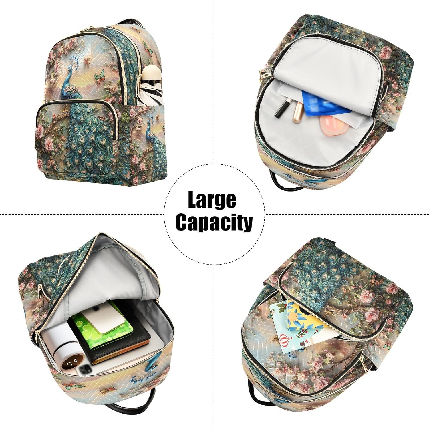 ALAZA Peacock Butterfly Peony Women Backpack Purse Ladies Fashion Shoulder Bag Daypack Travel Bag 10L