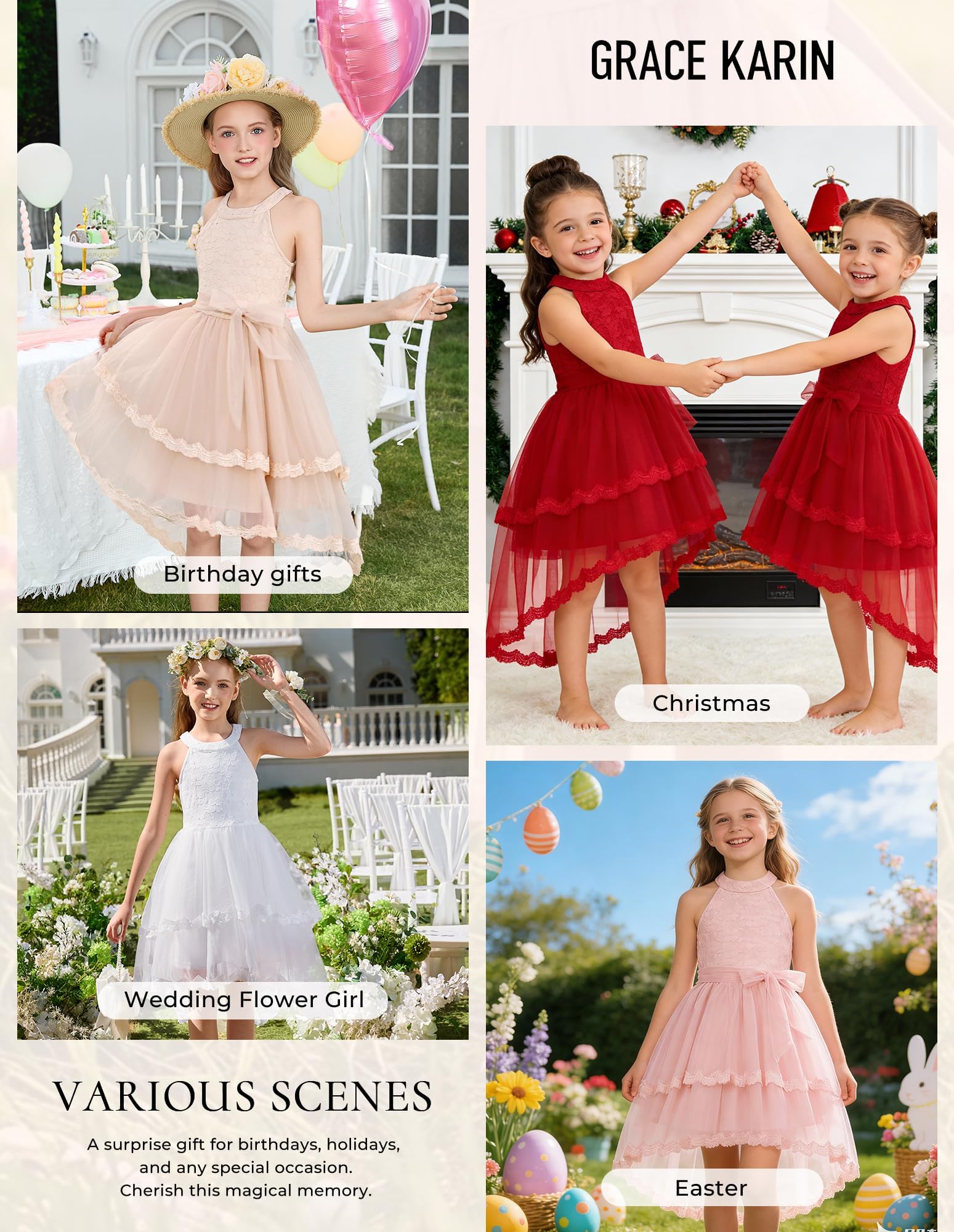 GRACE KARIN Vestidos de fiesta de boda de malla para niñas, cuello redondo, acampanados, vestidos de comunión festivos