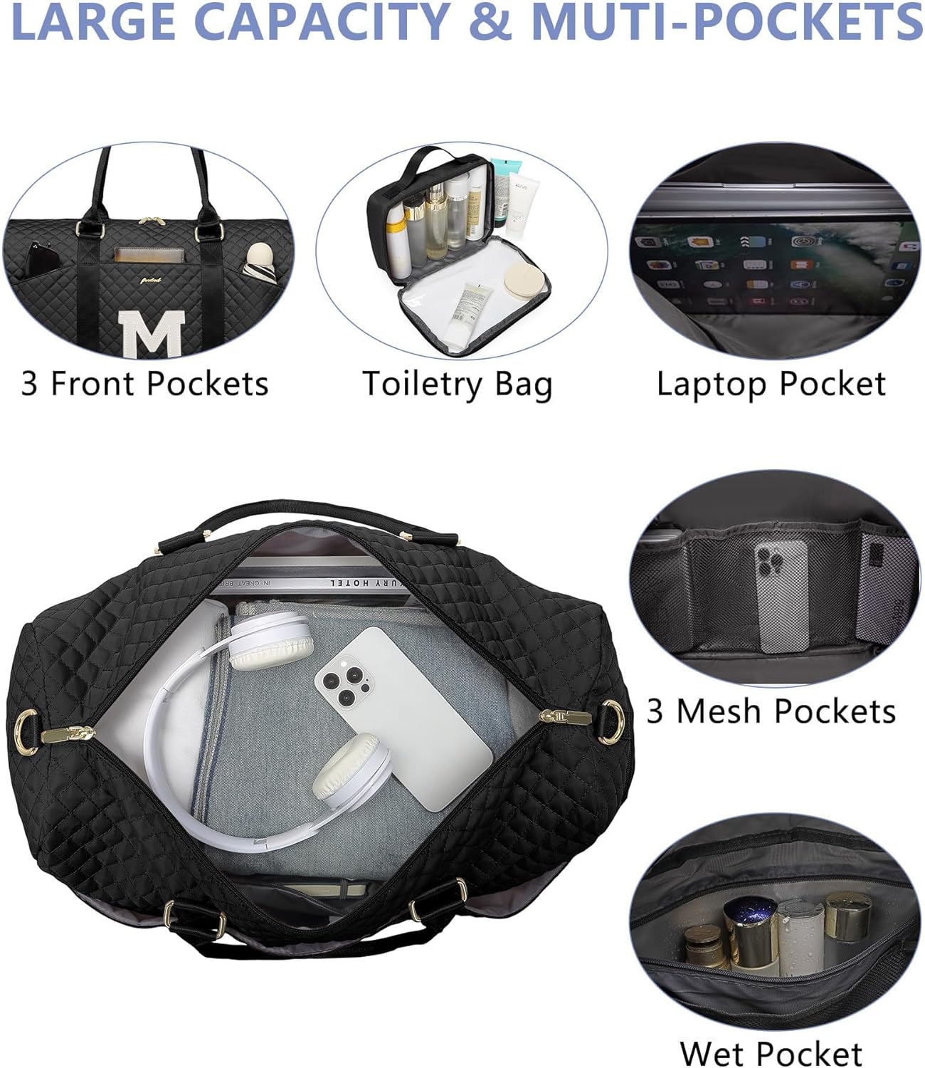 Women Weekender Travel Duffle Bag: Initial Duffel Overnight Bags with Shoe Compartment Large Carry on Tote with Toiletry Bag Weekend Traveling Yoga Gym Hospital Bag for Women with Wet Pocket Letter M - Image 3