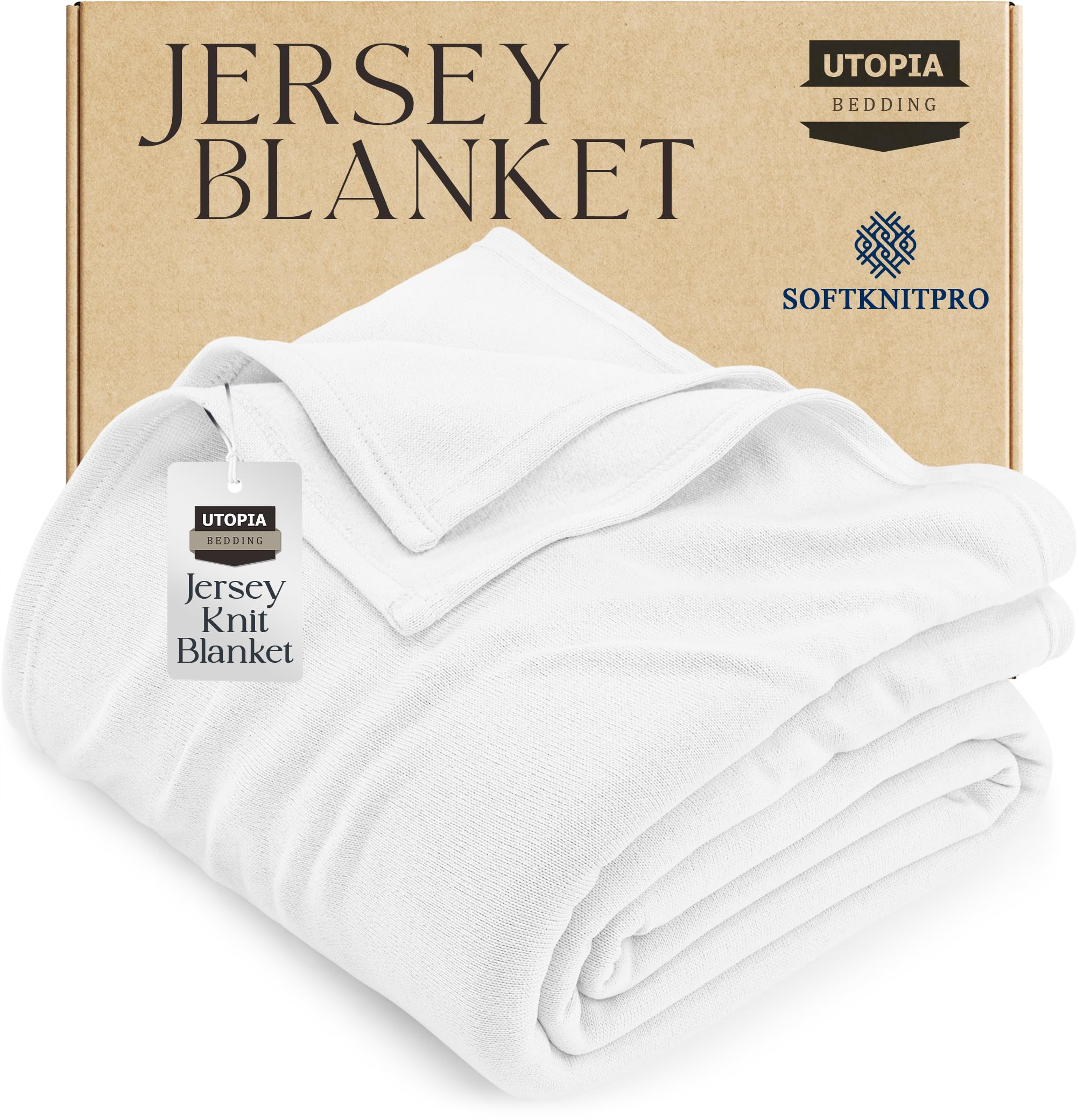 Utopia Bedding Knit Blanket Queen Size (90x90 Inches, White) Soft Lightweight Jersey Breathable Sweatshirt Blanket for Bed,Couch & Sofa