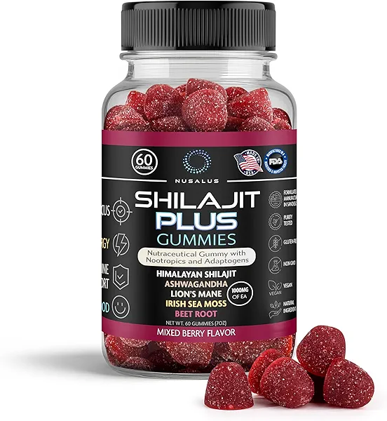 Nusalus Shilajit Gummies with Ashwagandha, Sea Moss & Lions Mane - Pure Himalayan Shilajit for Men & Women - Beet Root Infused, Natural Energy & Focus - Vegan, Gluten-Free 60 Count, Mixed Berry | USA