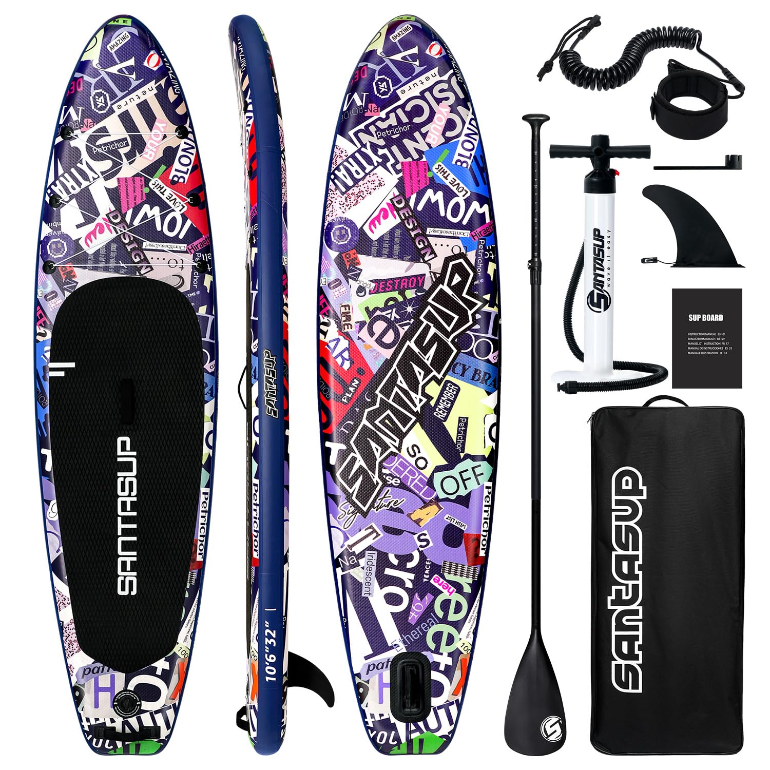 Santasup Tavola gonfiabile per stand up paddle, blu, con accessori, ampia tavola per adulti e ragazzi, tavola da surf, tavola da sup a tutto tondo con tavola antiscivolo