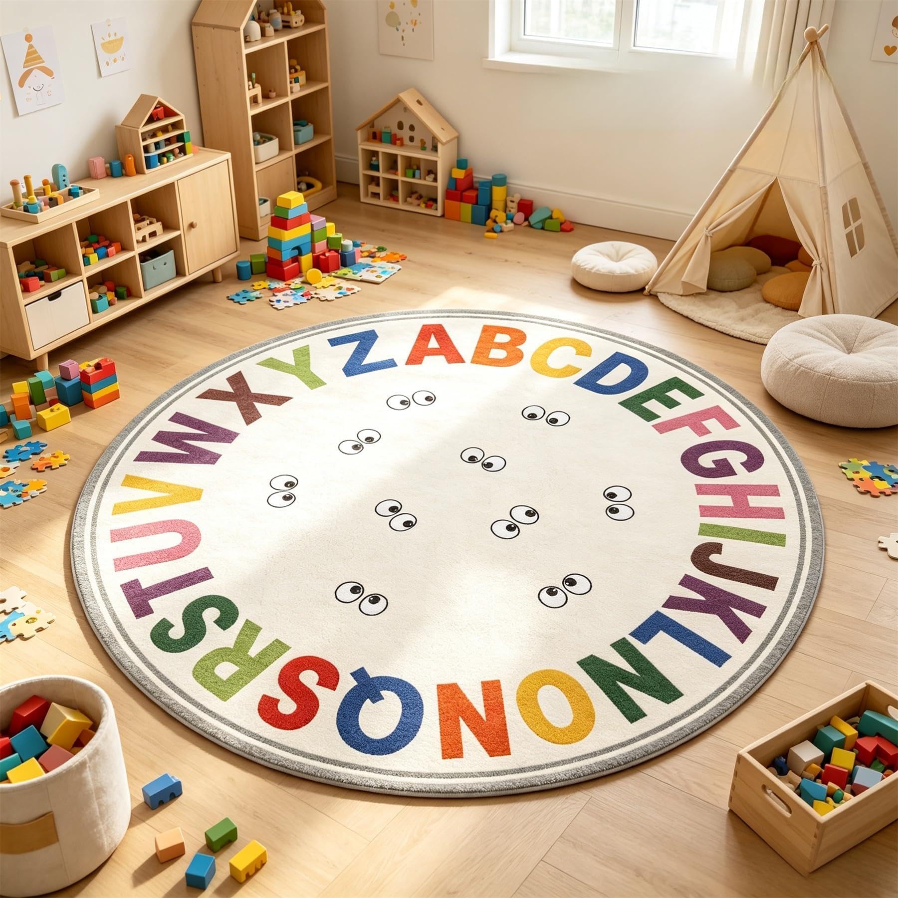 YJDRUG Round Rug Washable, 90cm Kids Playroom Non Slip Low-Pile ABC Border