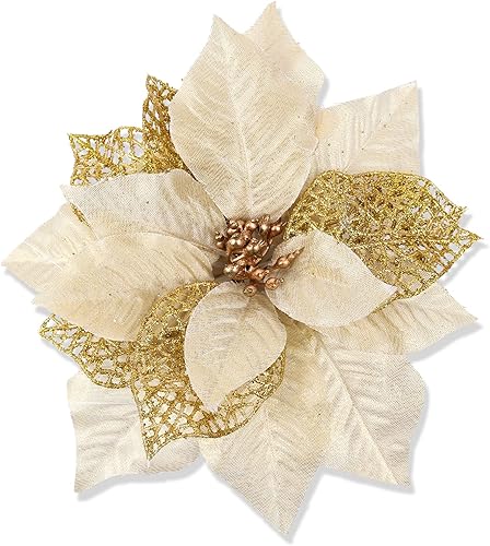 Miniatura 7 de RECUTMS Juego de 60 piezas de decoración de Navidad de nochebuena, 18 flores de Pascua artificiales con 12 tallos de bayas con purpurina, 12 postes,