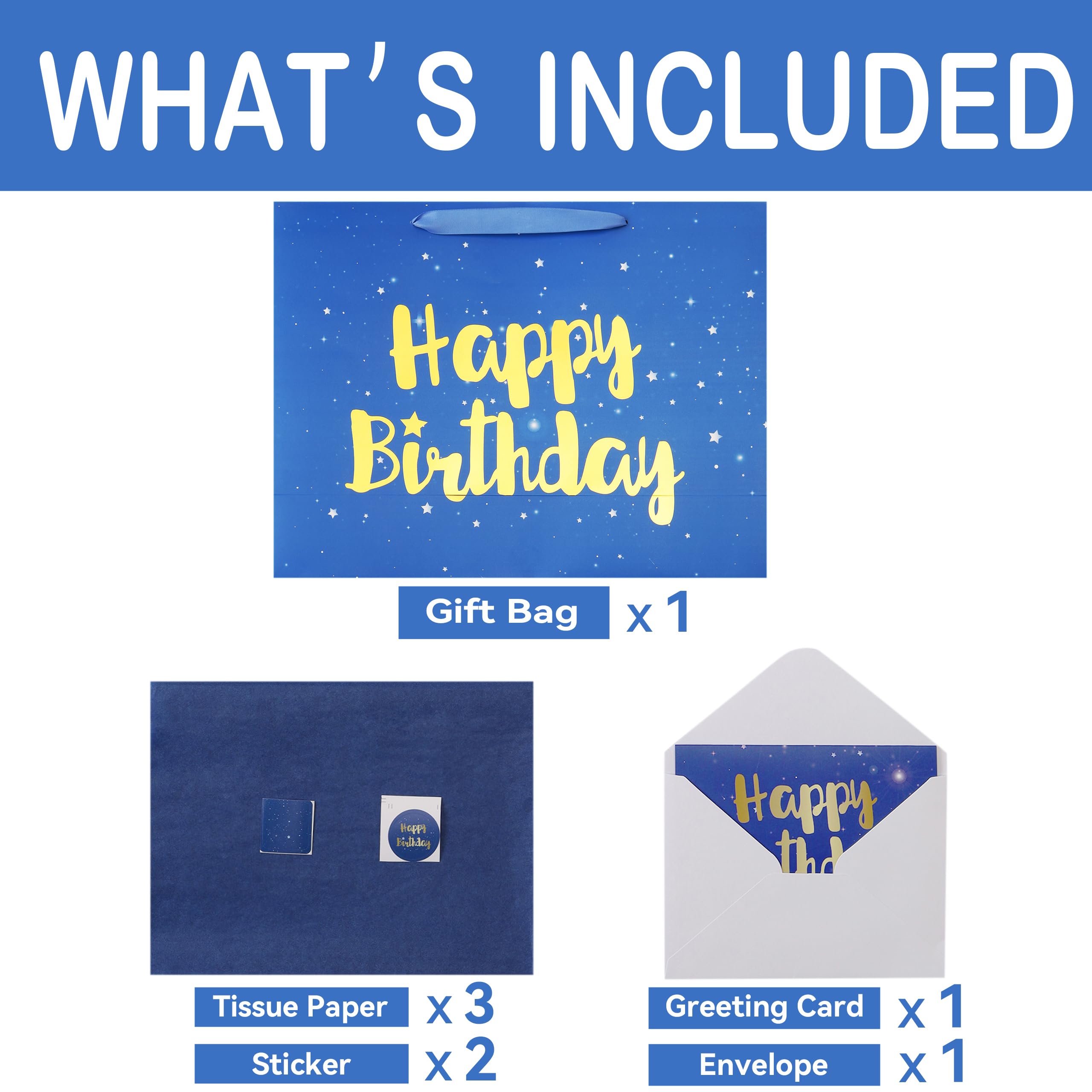 Qirrmiy 16.5” Extra Large Blue Happy Birthday Gift Bag Set with Handles, Greeting Card, Tissue Papers and Stickers for Men Boys Kids, Husband, Father, Stars Design, 1 Pcs
