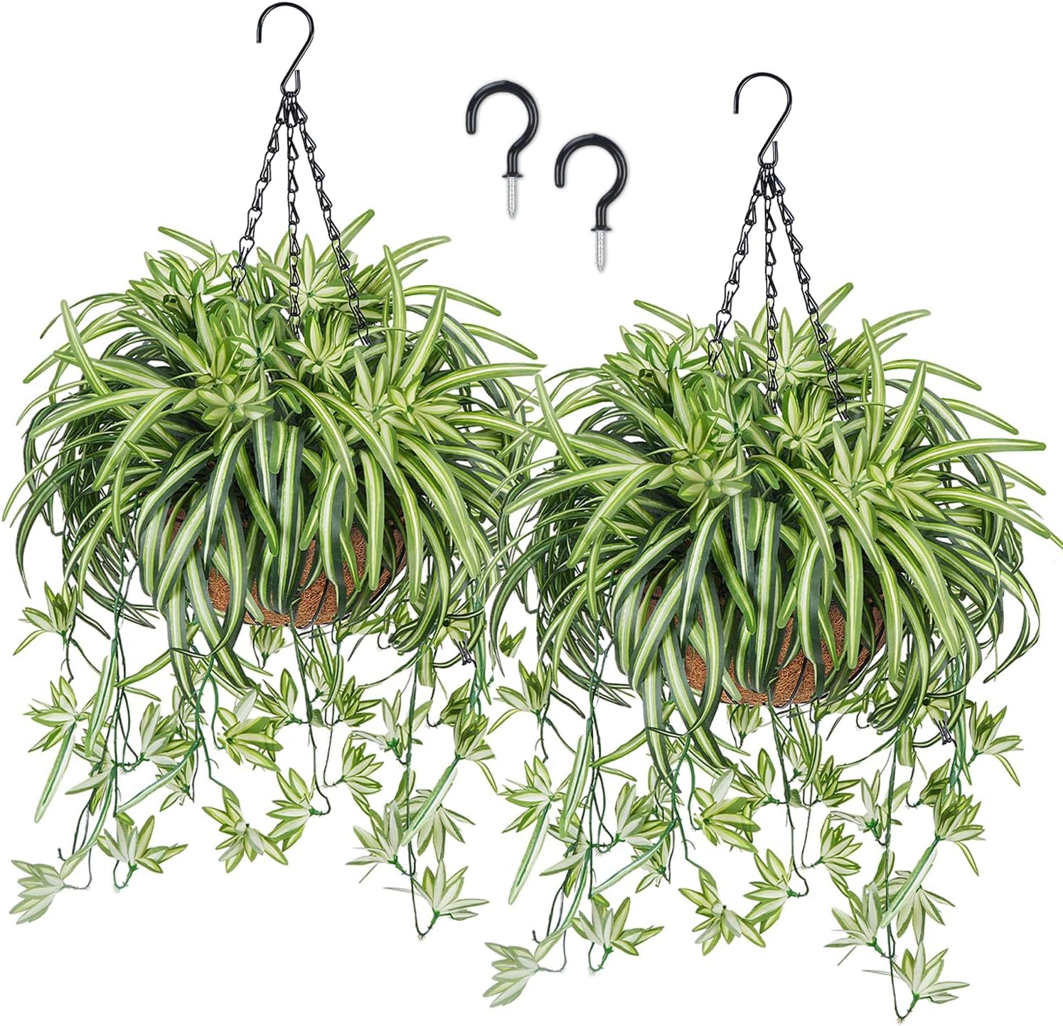 2 Set Artificial Spider Plants Fake Hanging Baskets Outdoor UV Resistant Faux Silk Plants Realistic for Spring Outside Porch Patio Garden Balcony Ceiling Hanging Decor
