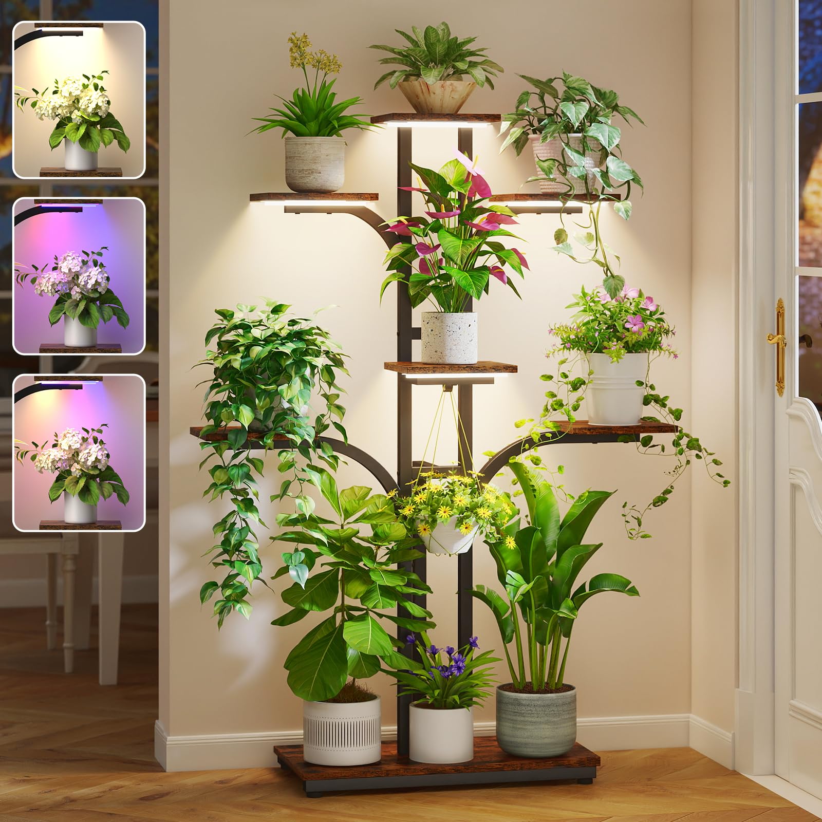 ikkle Support Plantes Intérieur avec Lampe de Croissance, 7 Étagères en Coin Porte Plante pour Plantes Multiples, 136cm Étagere Plantes Intérieur Métal Robuste pour Salon, Patio