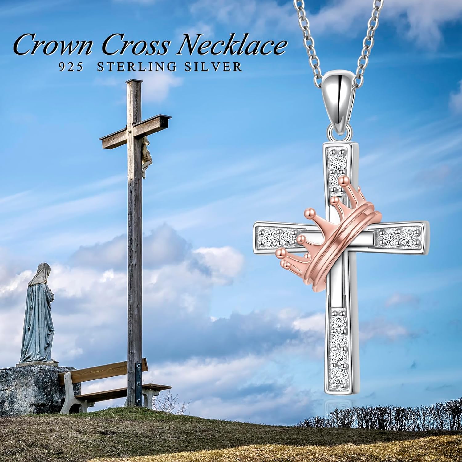 Two Tone Cross Necklaces Crown/Sunflower/Daisy/Hummingbird Necklace 925 Sterling Silver Adjustable Pendant Jewelry Gifts for Women