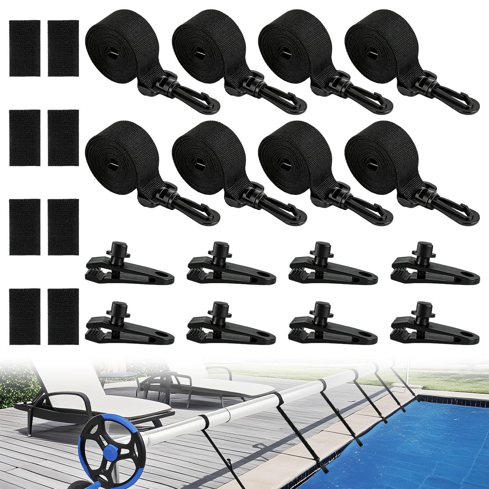 Pool Aufroller Aufrollvorrichtung, Pool Solarabdeckungs Set - 8 Haltebänder & 8 Klammern & 8 Klettverschlüsse, Fahrbares Aufrollsystem für Pool-Planen,Abdeckungen
