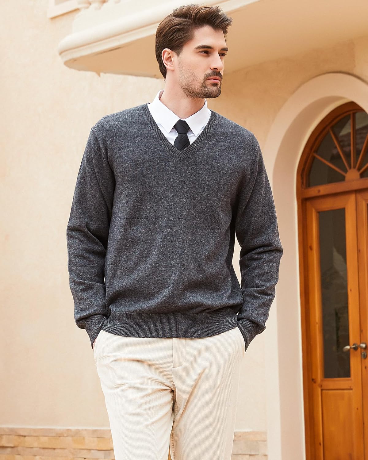 Kallspin Men's Wool Blend V-Neck Sweater Relax Fit Knit Pullover for Fall Winter - Image 6