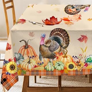 Thanksgiving Tablecloth 60×120 Inch, Thanksgiving Decorations Turkey Table Cloth for Rectangle Buffalo Plaid, Orange Decor Pumpkin Tablecloths Polyester Vintage for Picnic Party Dinner