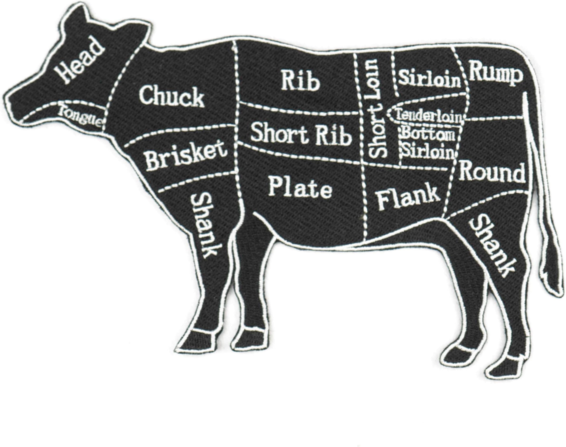 Begin Industries Large 7.5 Inch Black and Gray Cow er Cuts Diagram Embroidered Iron-on Patch Appliqué