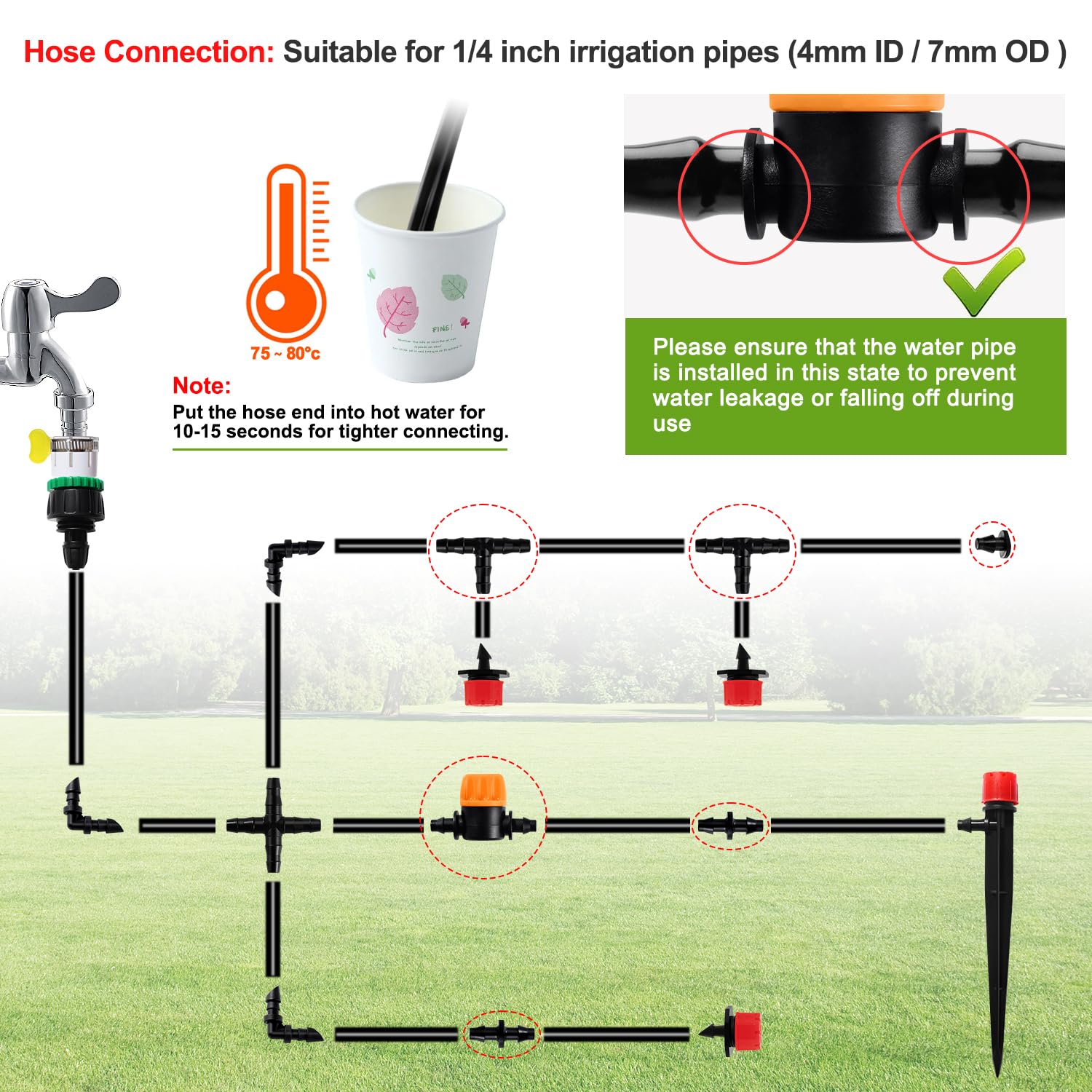 VooGenzek 33 PCS 4/6 mm Irrigation System Kit, 5m Irrigation Hose, DIY Auto Drip Irrigation Kit, with Straight-Through Joints - Image 4