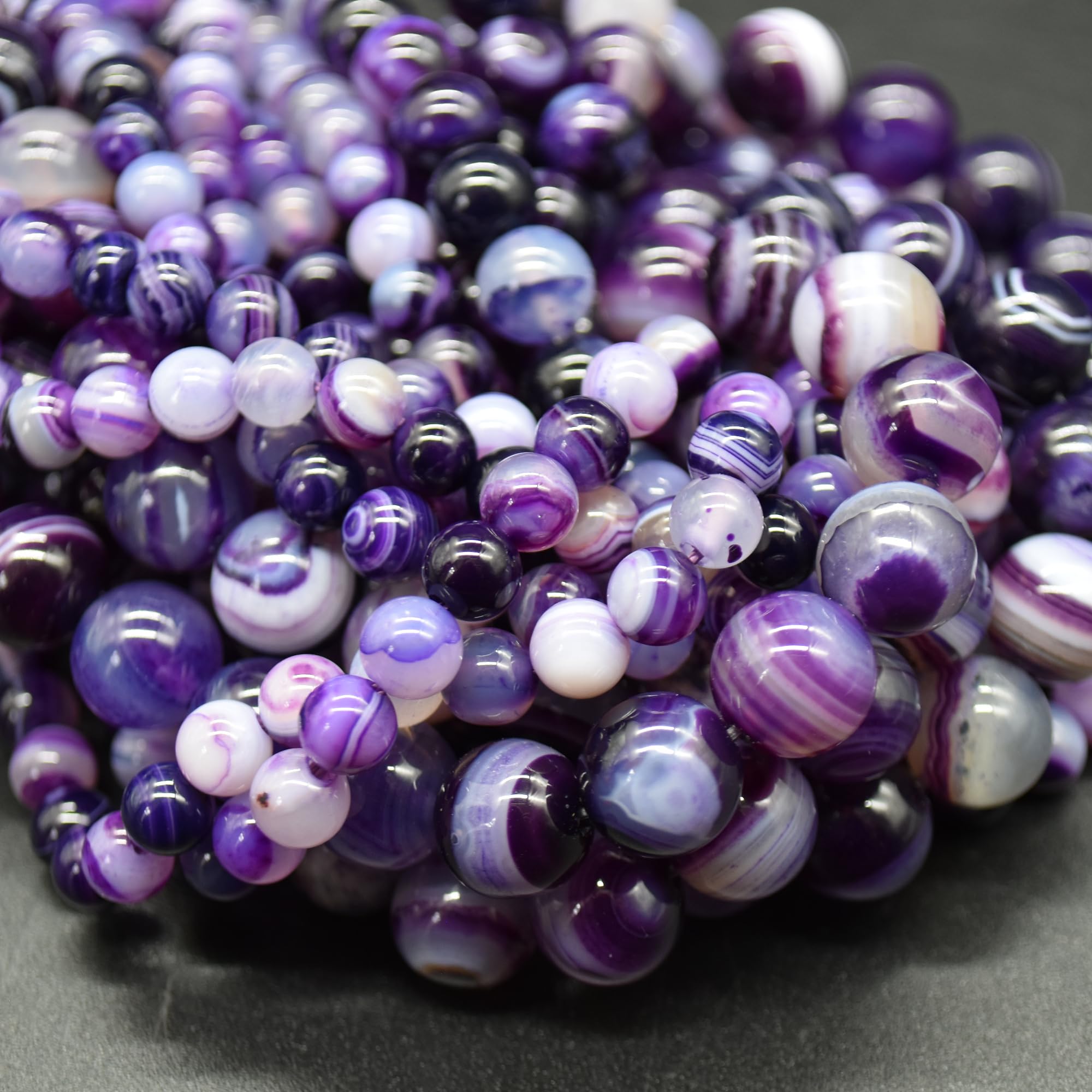 Grade A Natural Banded Purple Agate Semi-Precious Gemstone Round Beads - 8mm