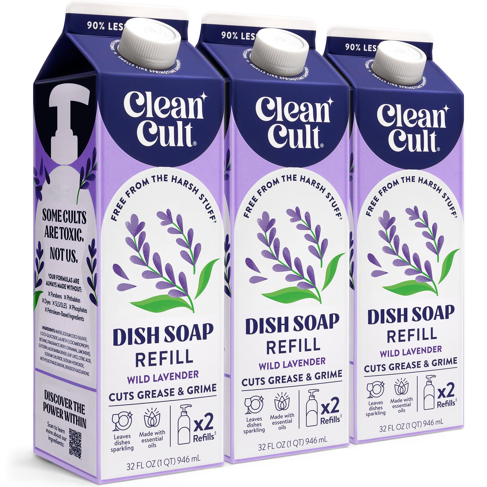 Cleancult Dish Soap Liquid Refills (32oz, 3 Pack) - Plant Based Cleaning Power - Dish Soap that Cuts Grease & Grime - Free of Harsh Chemicals - Uses