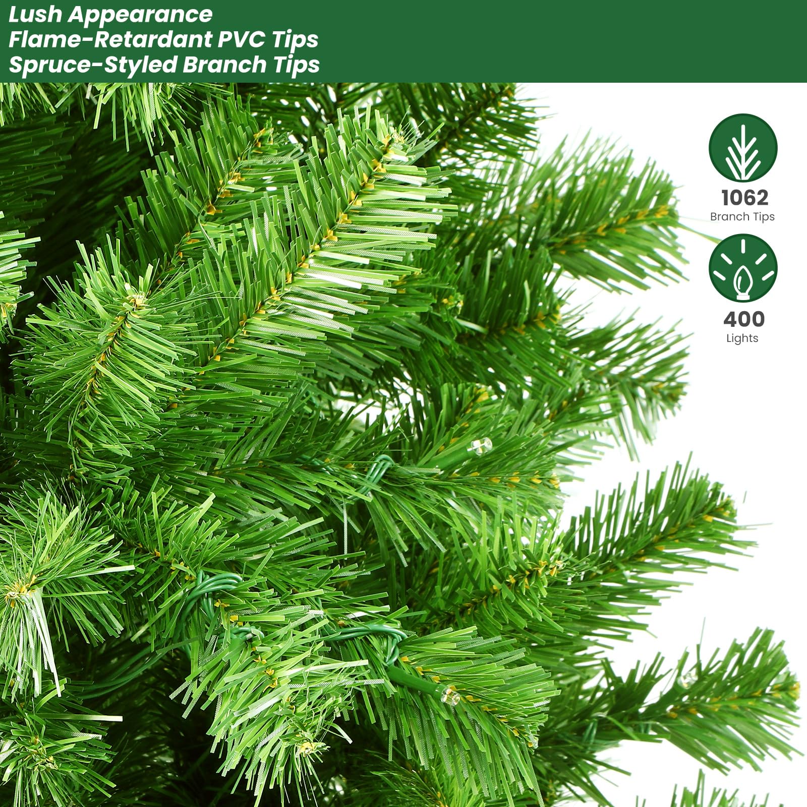 SHareconn 210 cm Arbol de Navidad Artificial con Luces Led, con 1062 PVC Puntas de Rama, con 400 Luces Blancas Cálidas & Multicolores y 12 Modos de luz, Soporte de Metal Plegable, Montaje Rápido