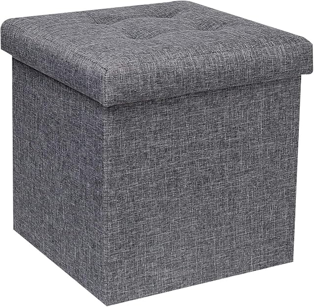 Bonlife Grey Folding Linen Fabric Ottoman Storage Boxes with Lids,Cube Small Footstool Seat Reat Toy Box Storage Chest for Living Room 32x32x32cm
