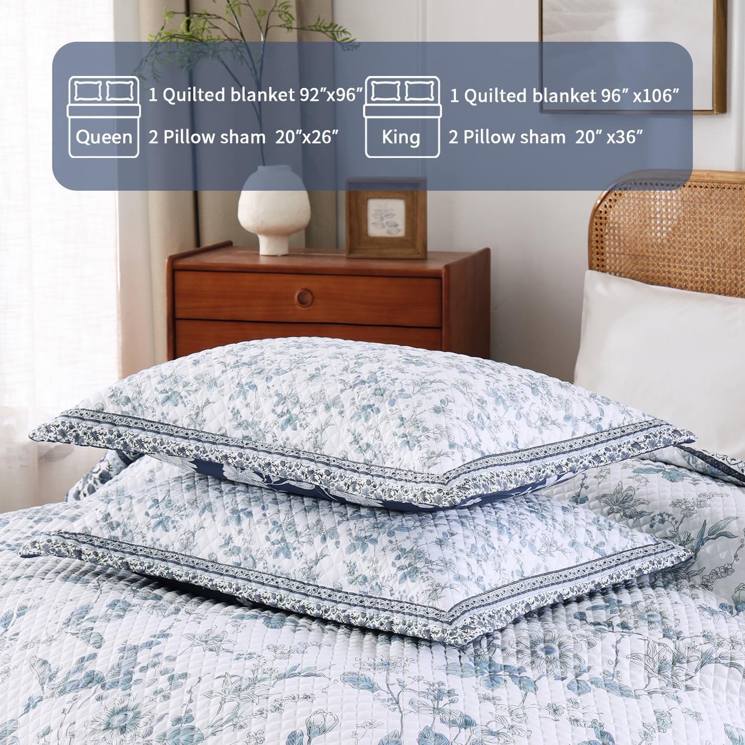 Floral Quilt Set, Denim Navy Blue Border Floral Lightweight Bedspread, 3 Piece Soft Microfiber Summer Quilt with Pillow Shams (92” x 96”)