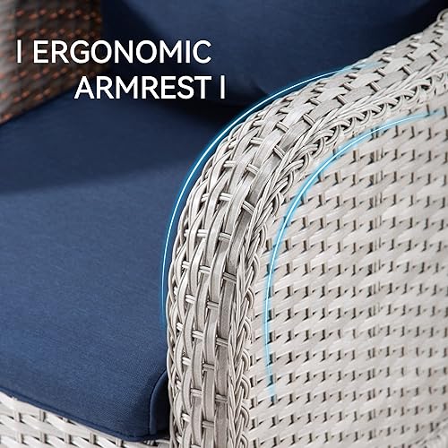 Miniatura 6 de Joyside Juego de 2 sillas giratorias para patio al aire libre y mesa auxiliar a juego, juego de 3 piezas de mimbre para patio con cojines de tela