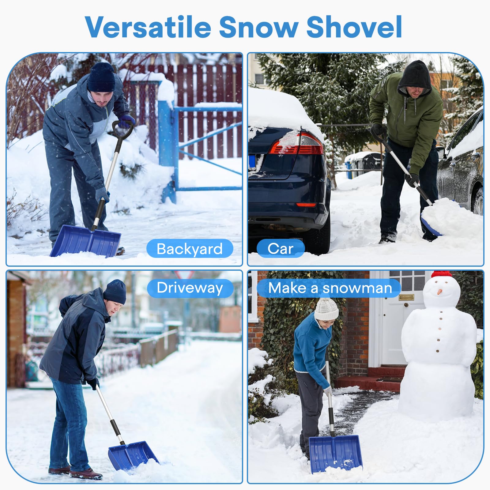 Pala da neve larga 40,6 cm con manico in alluminio e striscia di alluminio, grande pala da neve per vialetto, casa, patio, passerelle, rimozione neve, blu
