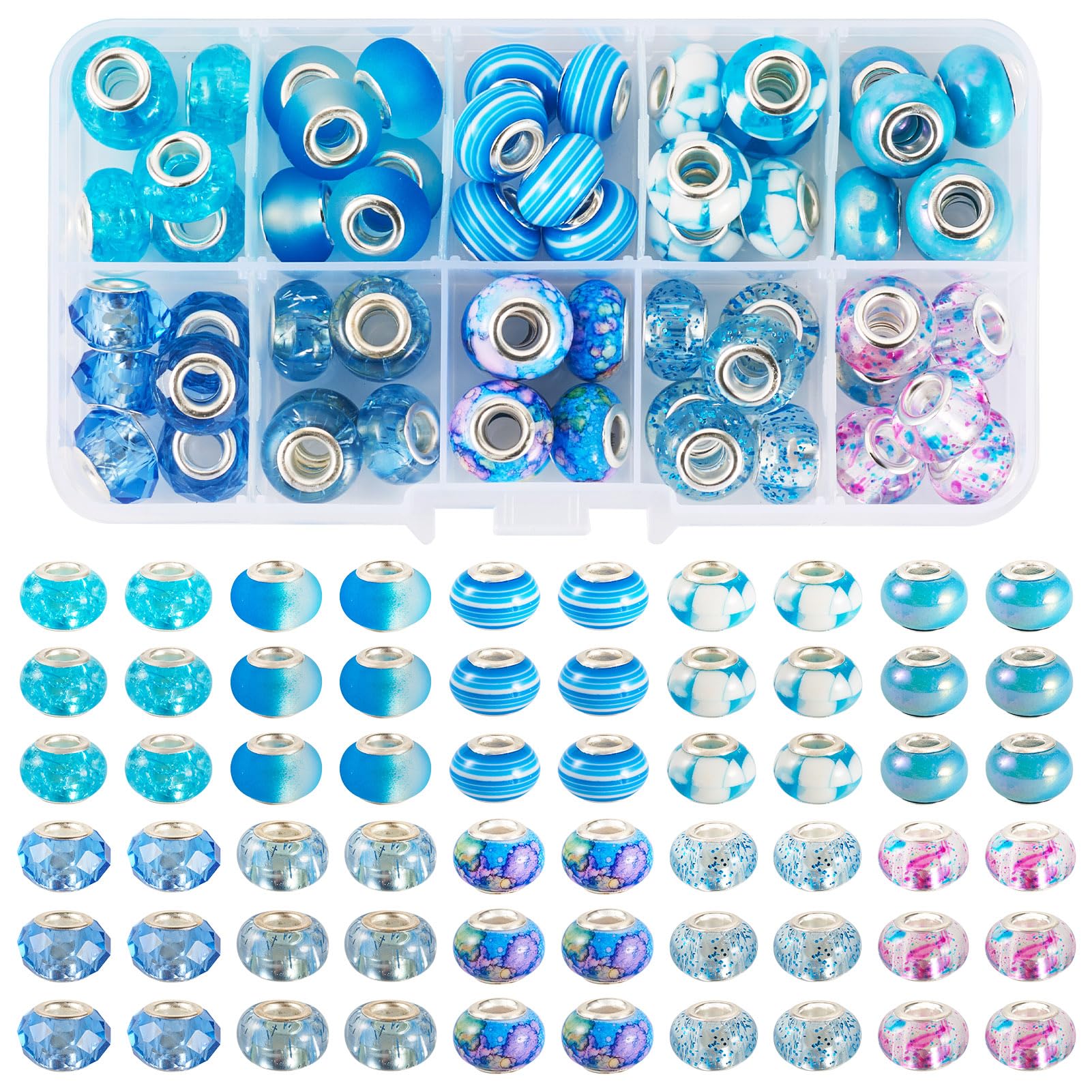 Boutigem 60Pcs 10 Styles Blue Theme Large Hole Resin European Beads Transparent & Opaque Acrylic Rondelle Spacer Beads Bulk for DIY Bracelet Earring Jewelry Making