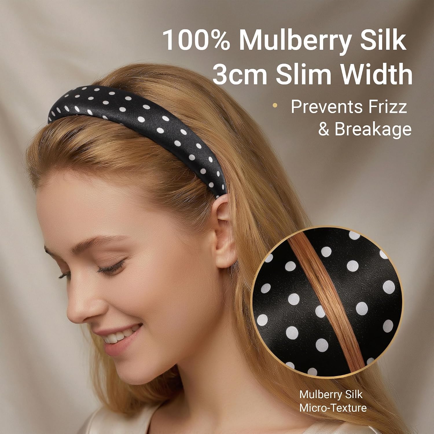 ZLYC Mulberry Silk Headband for Women Toothless Hair Band, Polka Dots Black image 3