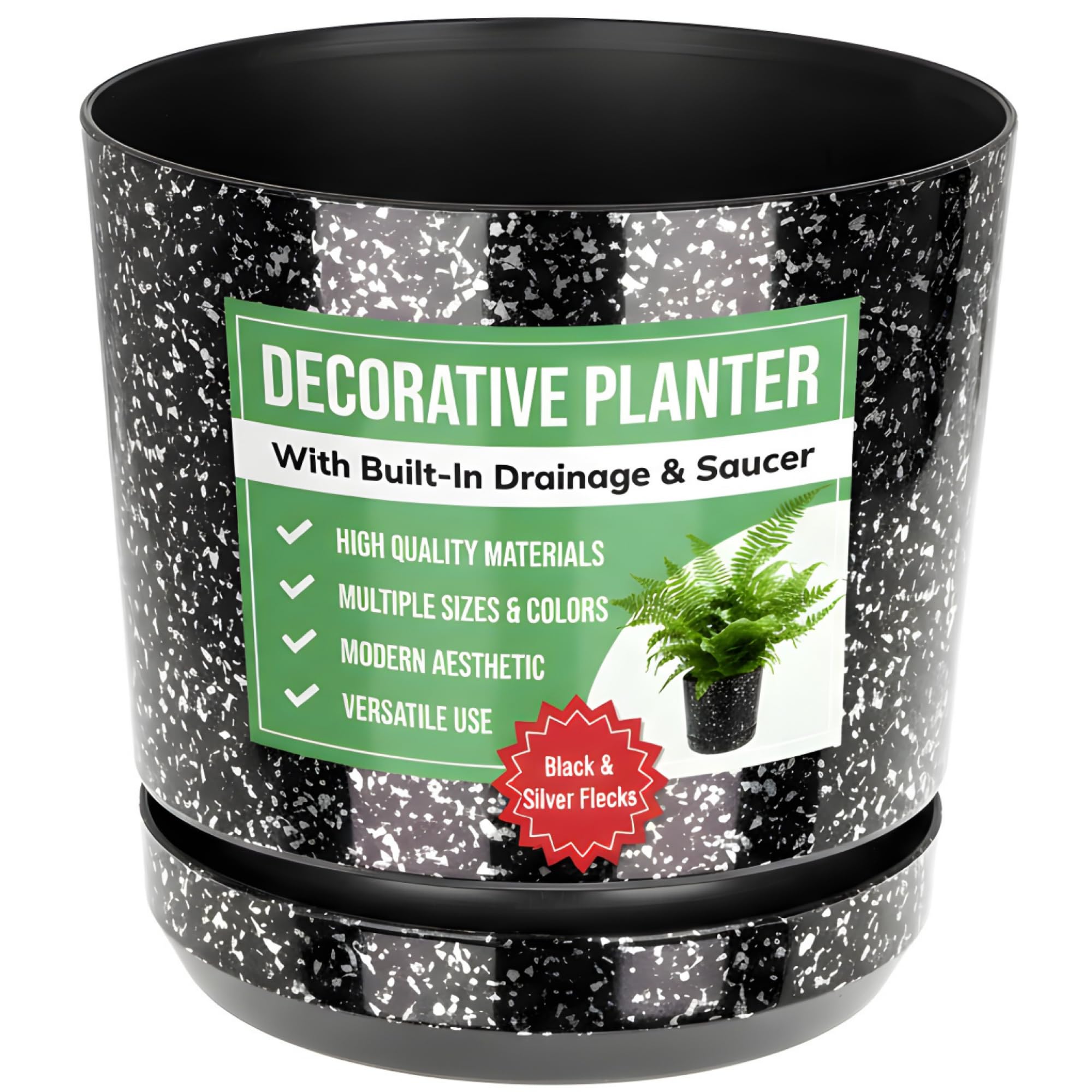 Black with Silver Flecks Indoor Plant Pots, 6 sizes, 25 colours – Plant Pot Planter with Drainage Holes and Matching Saucer for All Houseplants – Modern Home Decor Round Flower Pot (32 cm - 12.6 inch) — image 1
