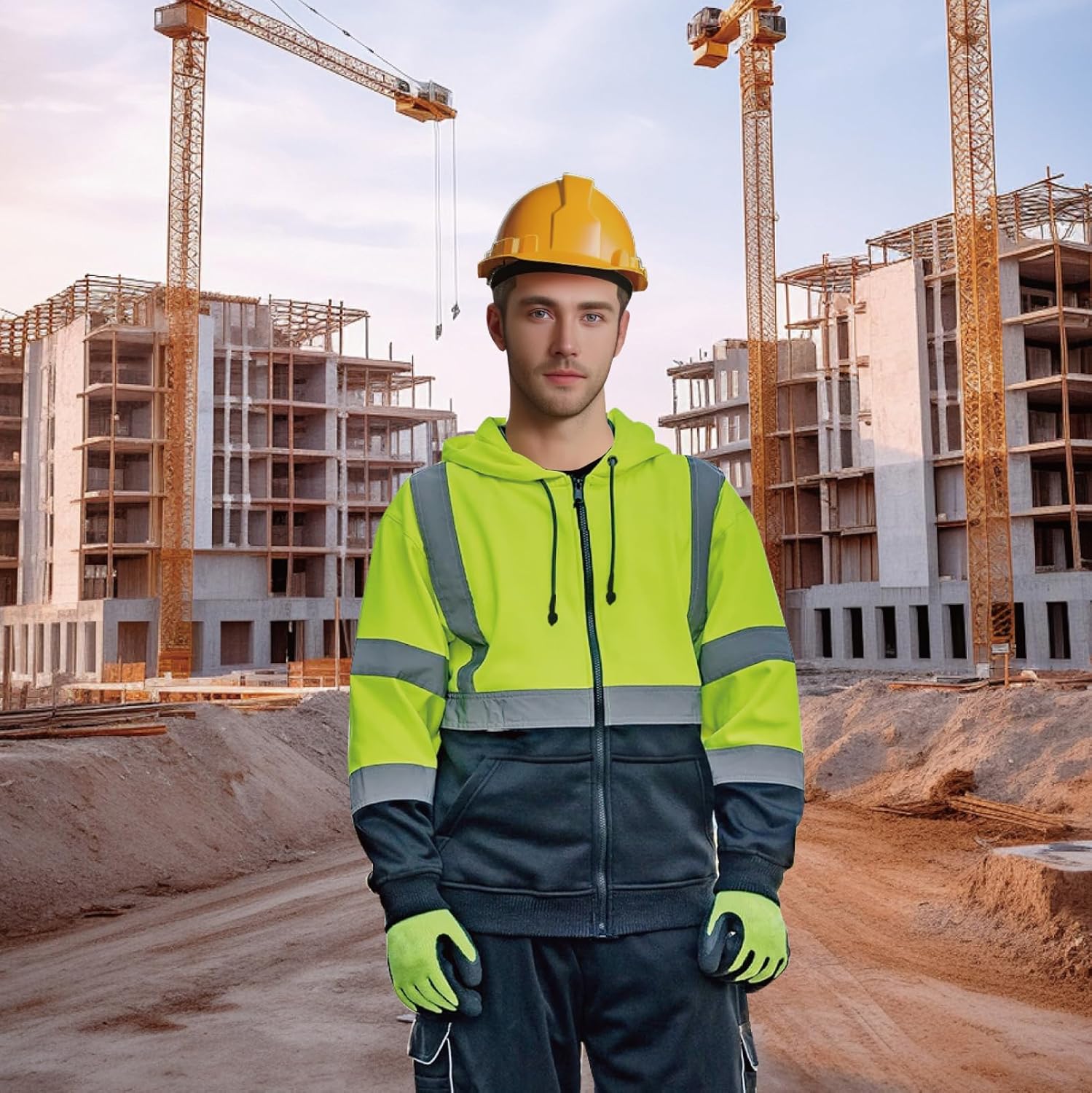 High Visibility Hoodie for Men, Class 3 Reflective Zippered Hoodie Sweatshirt, Construction Work Safety Jacket - Image 3