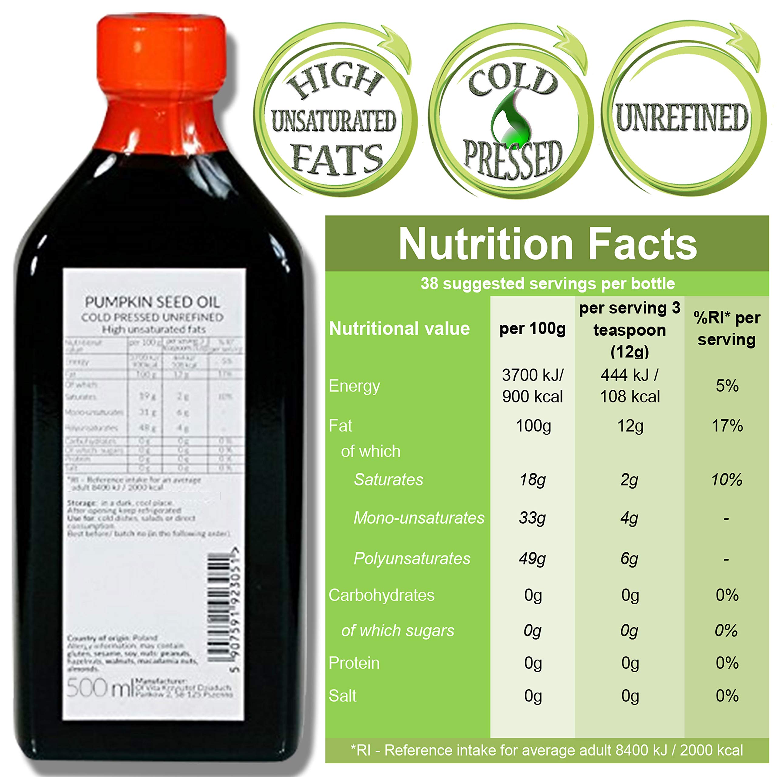Ol’Vita: Aceite de semilla de calabaza prensado en frío virgen - Calidad premium sin refinar sin procesar 500 ml