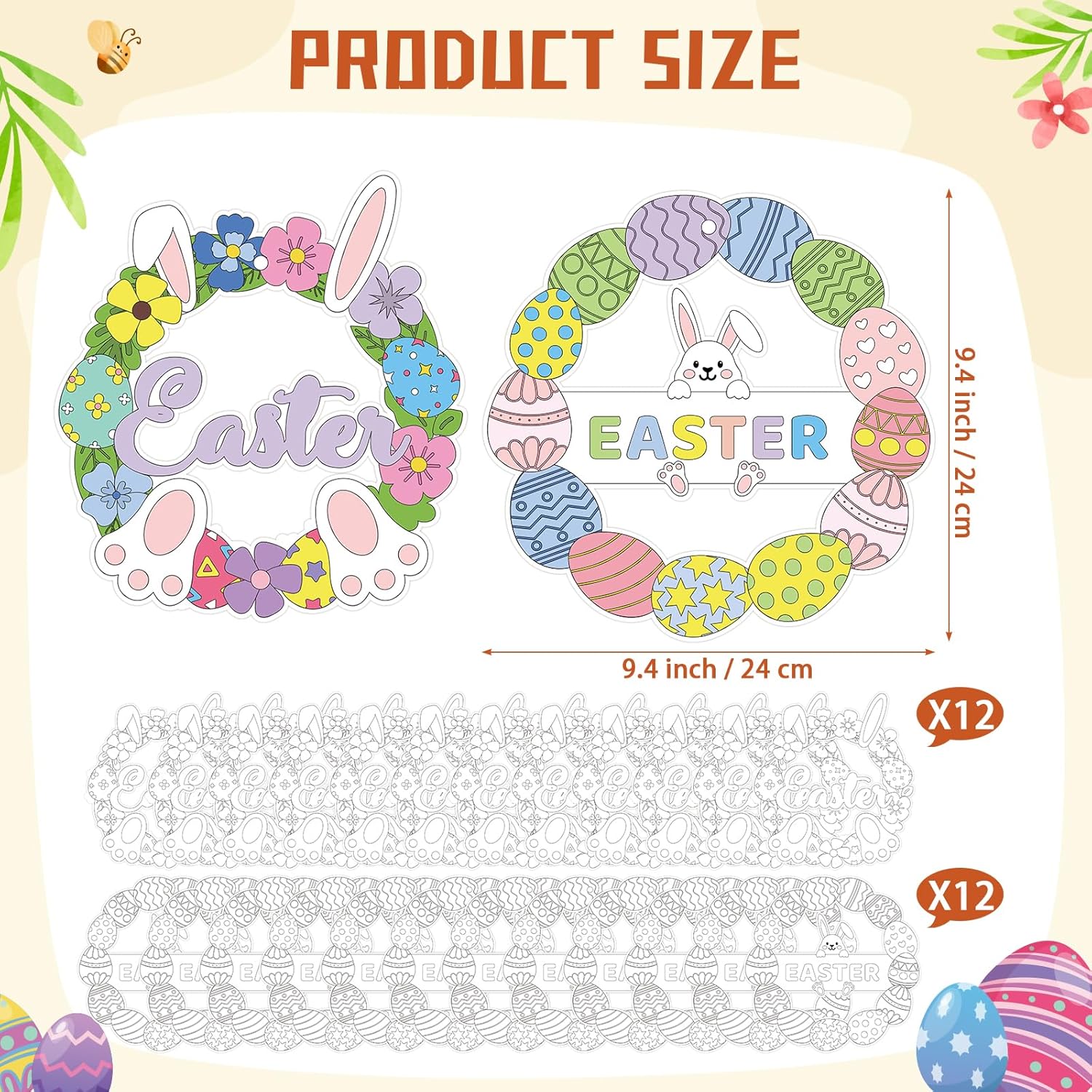 24 PCS Easter Wreath Craft Kit DIY, Easter Crafts for Adults, Paper Wreath Egg Bunny Decorations Coloring with Watercolor Pens Hanging Sign for Classroom Home Wall Decor Activities Indoor(2 Design)