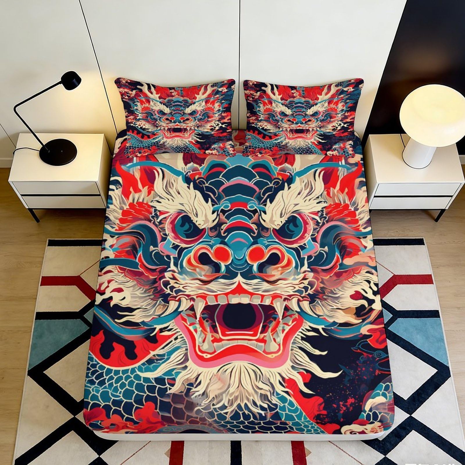 3D Printed Chinese Dragon Fitted Sheet Microfiber Red Blue Oriental Myth Mattress Cover Bedroom Decor 180x200x25cm