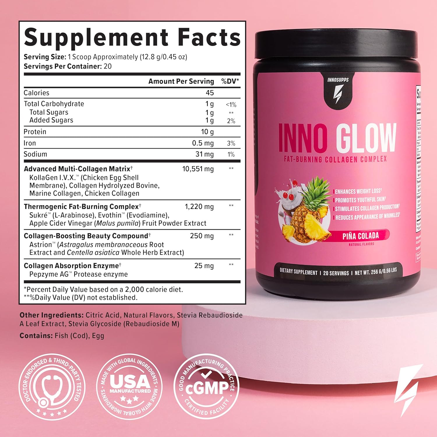 InnoSupps InnoGlow Multi Collagen Peptides Powder for Weight Loss - Thermogenic Fat Burner and Anti Aging Collagen Powder for Women - Hair, Skin, Nails, Joint Support - 20 Servings (Pina Colada)