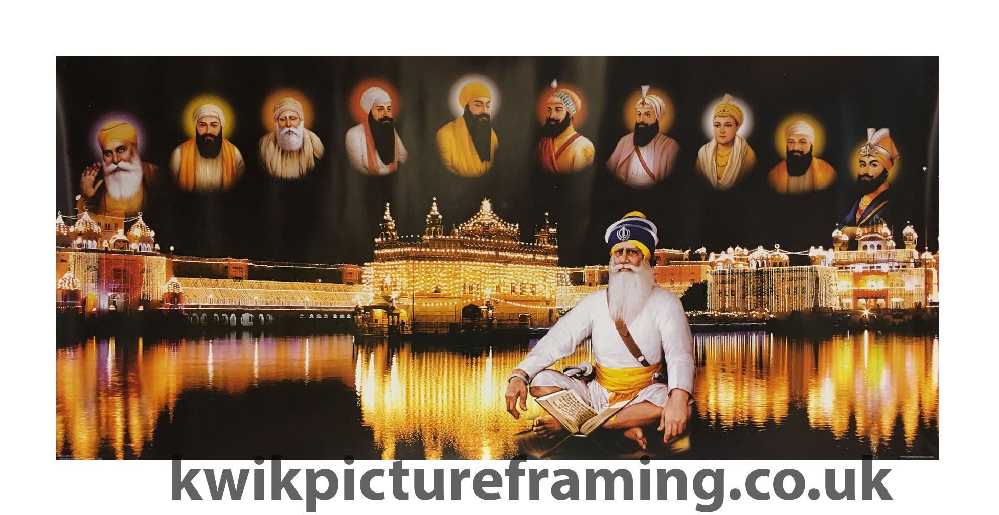 Kwik Picture Framing Ltd White Golden Temple Picture Frame Harmandir Sahib Amritsar With 10 Sikh Gurus | 28 X 13 Inch Religious Wall Art Display | Rectangular Wall Or Stand Mount Frame | Made In Uk