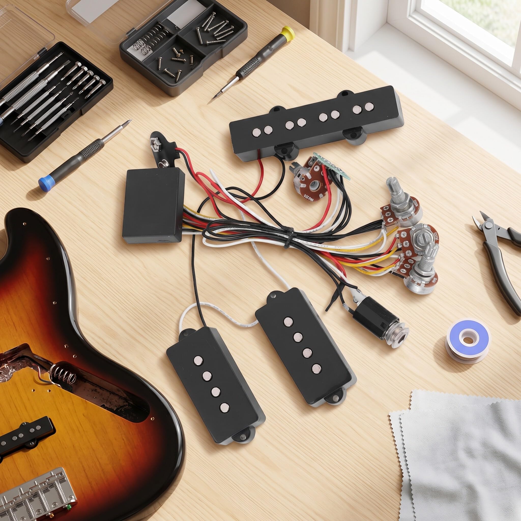Pastillas de Bajo Eléctrico 3 Bandas Ecualizador Activo y Pasivo con Preamplificador Cableado Circuito para Guitarra Bajo Optimizado para Mayor Claridad y Versatilidad