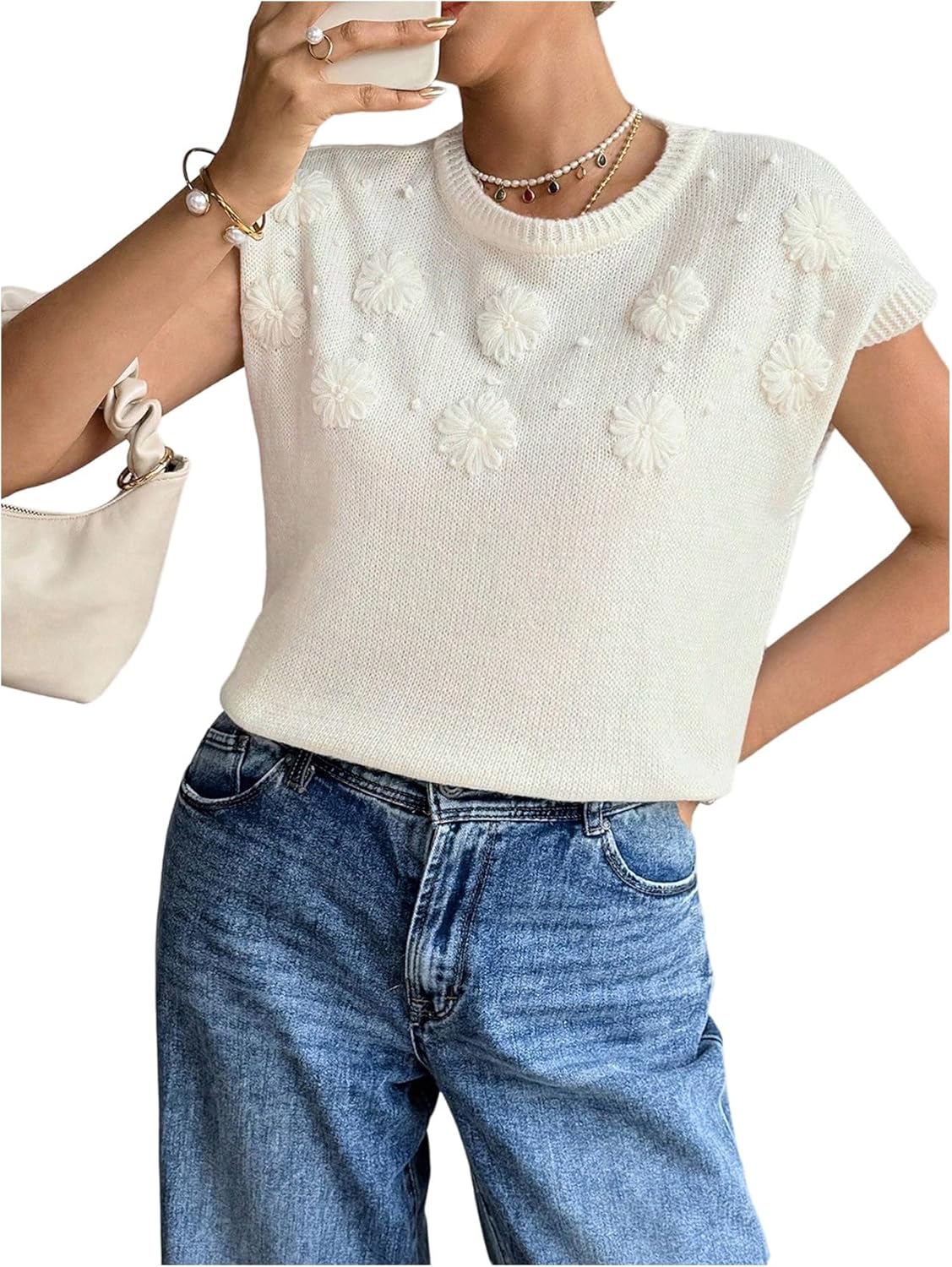 SOLY HUX Women's Short Sleeve Sweater 3D Floral Sweaters Pullover Tank Tops Knit Vest Trendy Fashion Clothing