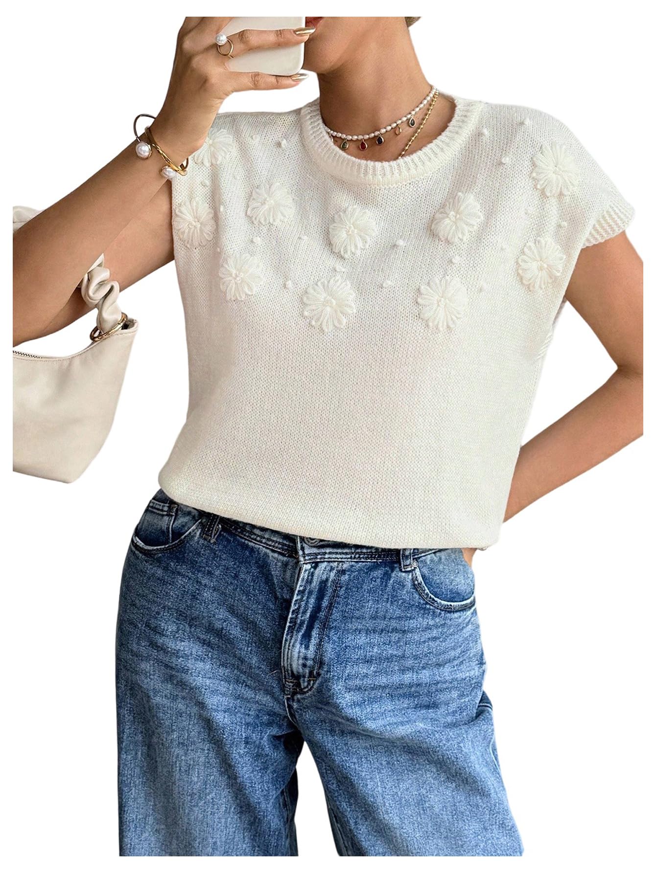 SOLY HUX Womens Short Sleeve Sweater 3D Floral Sweaters Pullover Tank Tops Knit Vest Trendy Fashion Clothing Plain