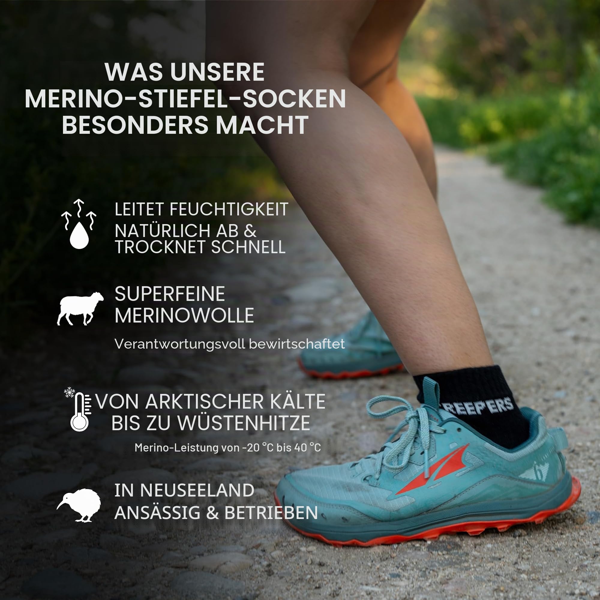 Creepers Athletic Toe Socks: Blister Busting Merino Zehensocken, Quarter Crew Runner, Unisex für Damen und Herren