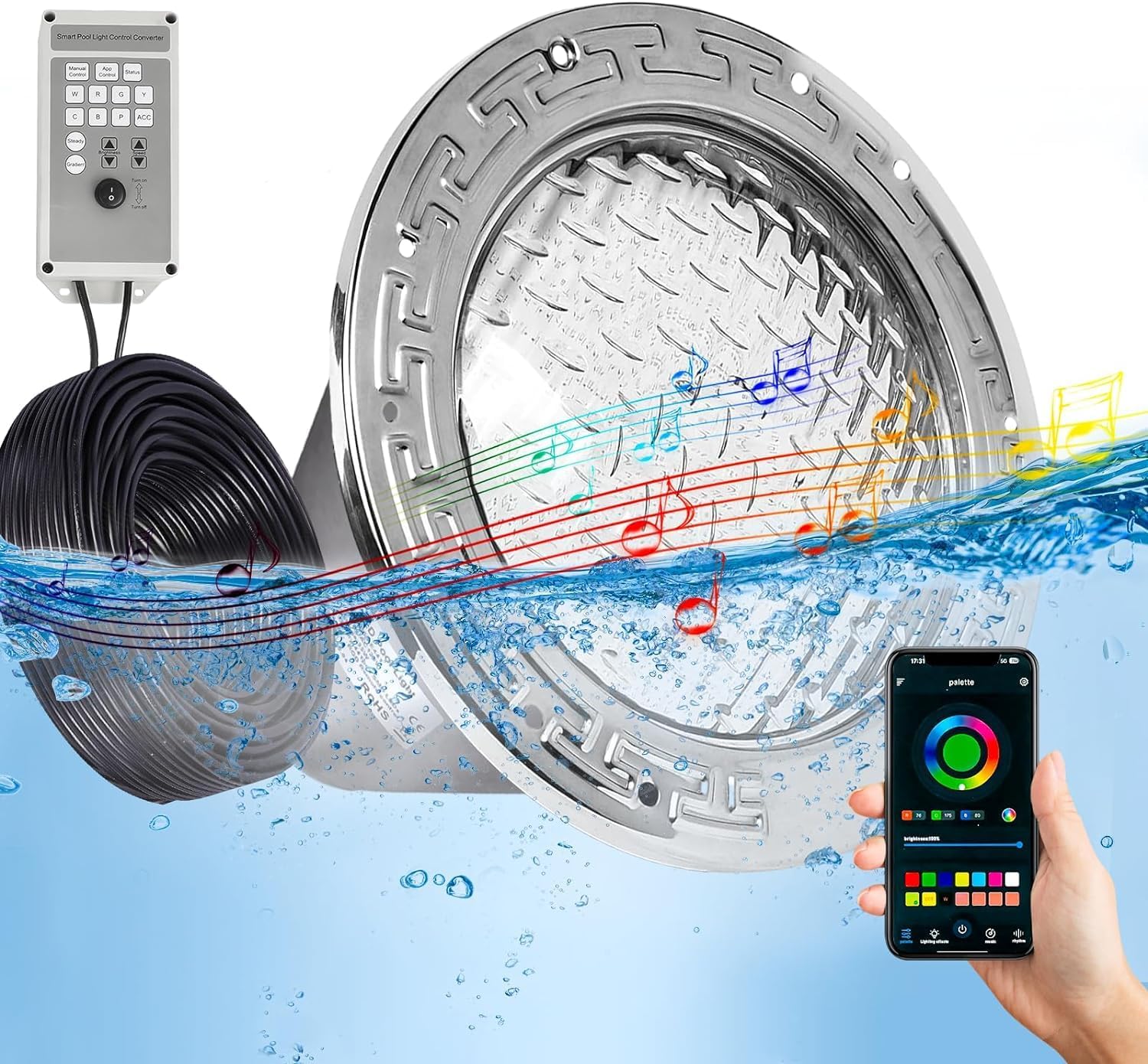 Led Pool Lights for Inground Pool 10 inch RGB Color with Transform Controller, Works with Phone APP, Supports Music Mode, 50FT AC120V Pool Light for 10" Wet Niche, Replacement for Pentair Pool Lights