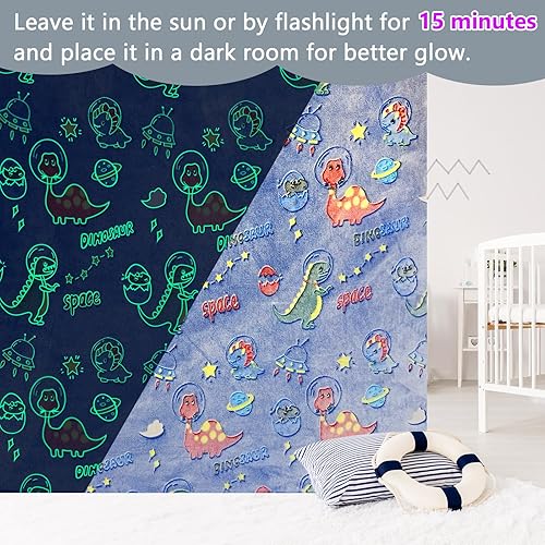 Miniatura 2 de Manta de dinosaurio que brilla en la oscuridad para niños, manta suave y acogedora de forro polar para niños, manta de dinosaurio para niños, el