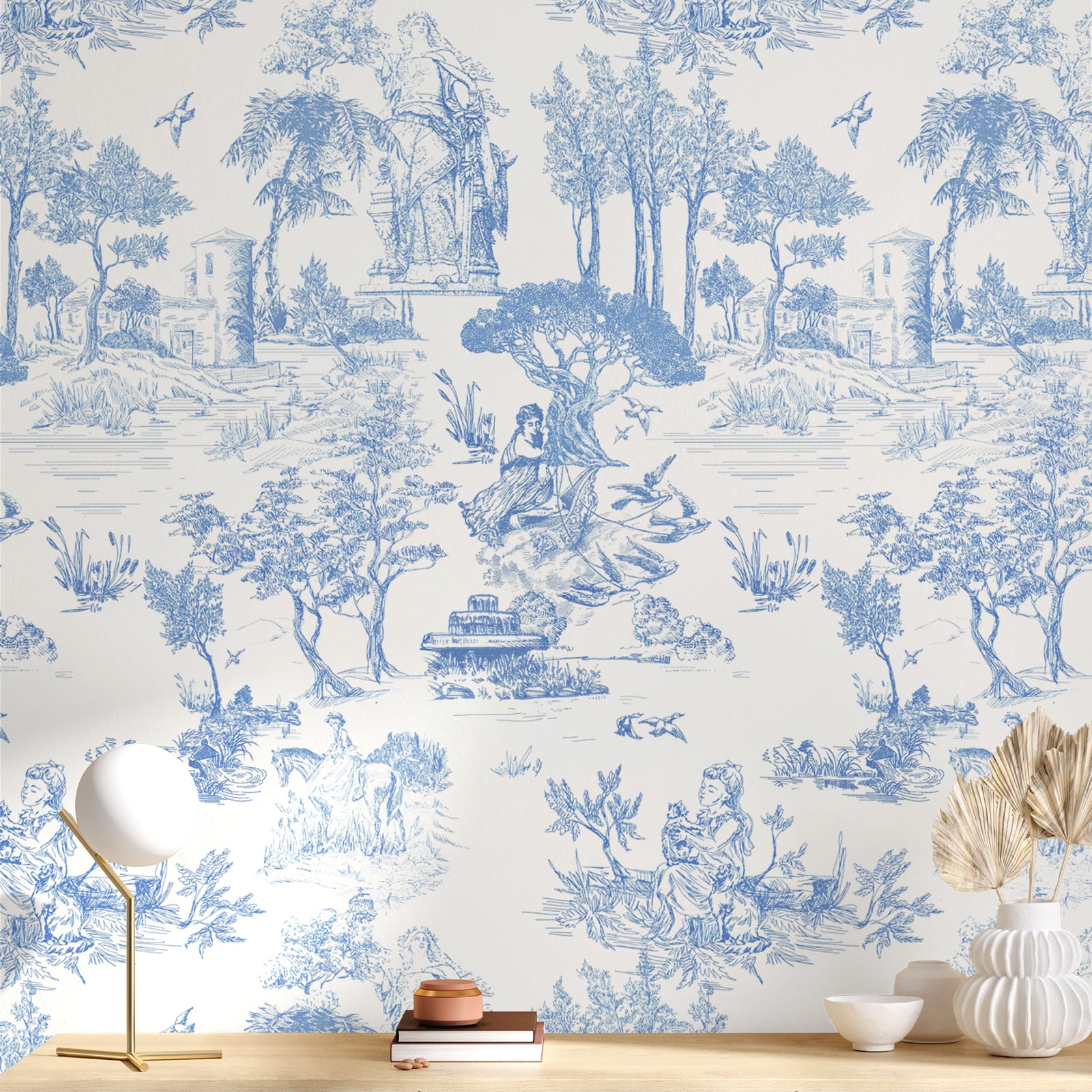 WENMER Toile Wallpaper, 17.7" X 590" Pink and White Peel and Stick Wall Paper, Toile de Jouy Wallpaper, French Vintage Contact Paper for Bedroom, Walls, Backdrop, Cabinet, Home Decor: 17.7" x 394" Blue