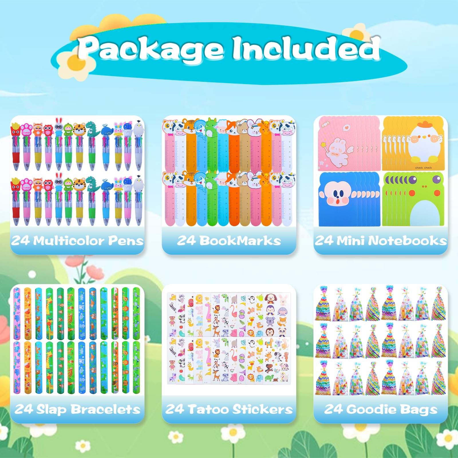 Confezione di cancelleria per feste, confezione da 24 sacchetti di cancelleria con animali dei cartoni animati, sacchetti per regali di compleanno con penna multicolore, mini quaderni per