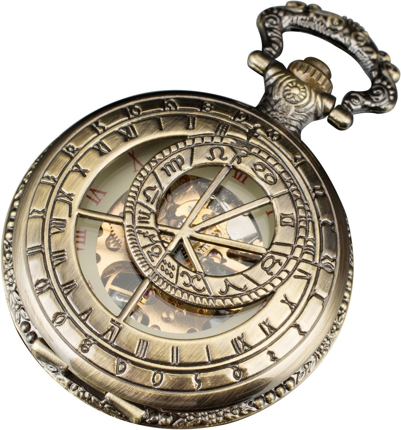 Infantry Skeleton Mechanical Pocket Watch Steampunk for Men Analogue Pendant with Chain Bronze
