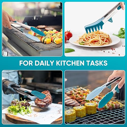 Miniatura 5 de Maywe Tanso - Paquete de 5 pinzas de silicona para cocinar, 4 pinzas de cocina de 13 pulgadas con puntas de silicona, pinzas de acero inoxidable